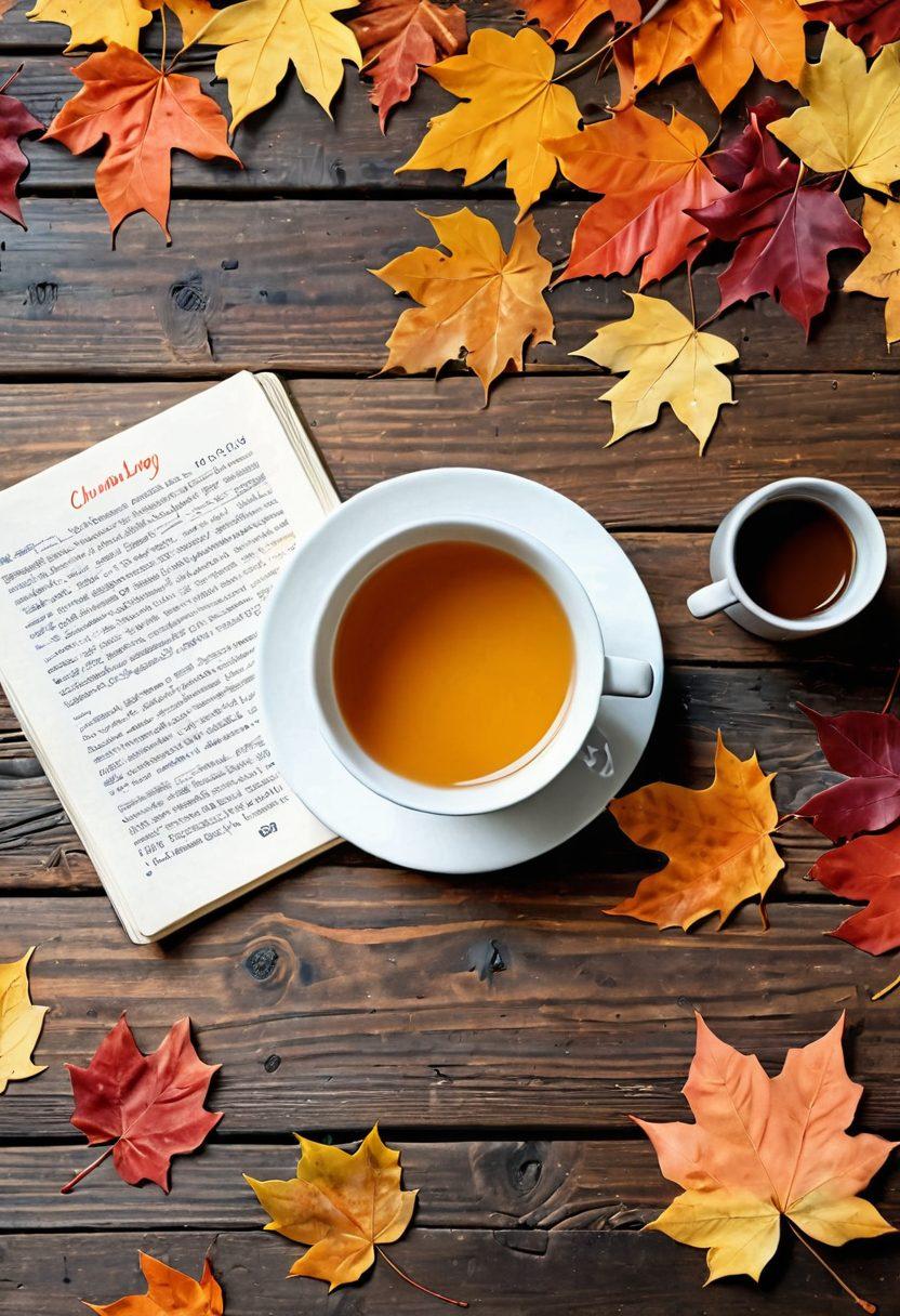 A cozy autumn scene featuring a digital diary open on a rustic wooden table, surrounded by colorful falling leaves, a steaming cup of chai, and a warm scarf. Background includes vibrant trees in shades of orange, red, and yellow to represent the fall season, with a soft sunlight filtering through. Artistic elements like whimsical doodles and blog tips subtly incorporated around the diary. painting. warm colors. inviting atmosphere.