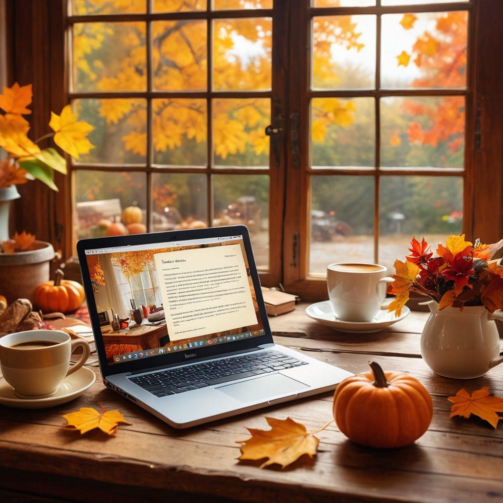 A cozy autumn scene featuring a writer at a rustic wooden desk, surrounded by colorful fall leaves, pumpkins, and a steaming cup of coffee. The laptop screen displays vibrant content ideas with inspirational quotes floating around. Warm sunlight filters through a window, creating a golden glow. Super-realistic. Vibrant colors. Soft focus.