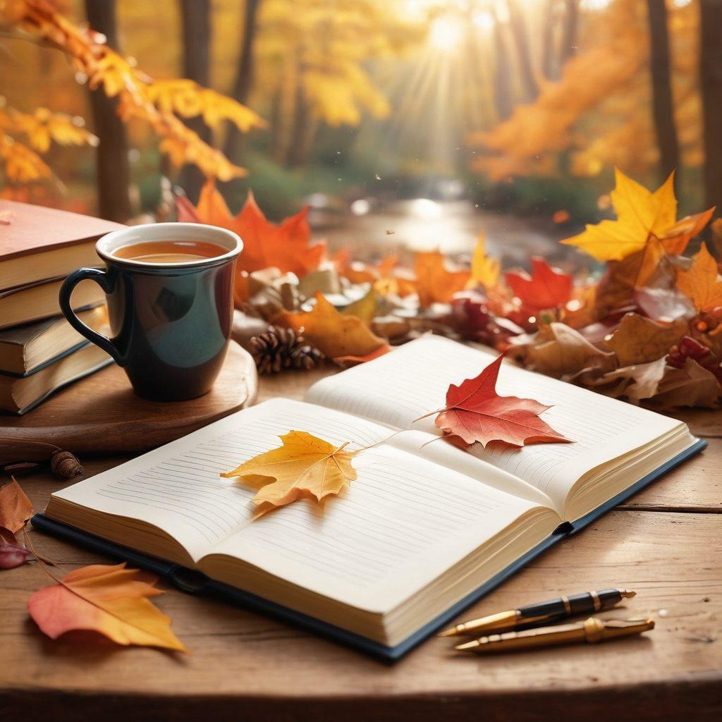 A cozy autumn scene featuring a stack of vibrant, multicolored fallen leaves forming a backdrop. In the foreground, an open notebook with a pen rests on a wooden table, alongside a steaming cup of tea. Light filters through the trees, casting warm golden hues, while whimsical illustrations of story elements like quills and books float among the leaves. super-realistic. vibrant colors. warm light.